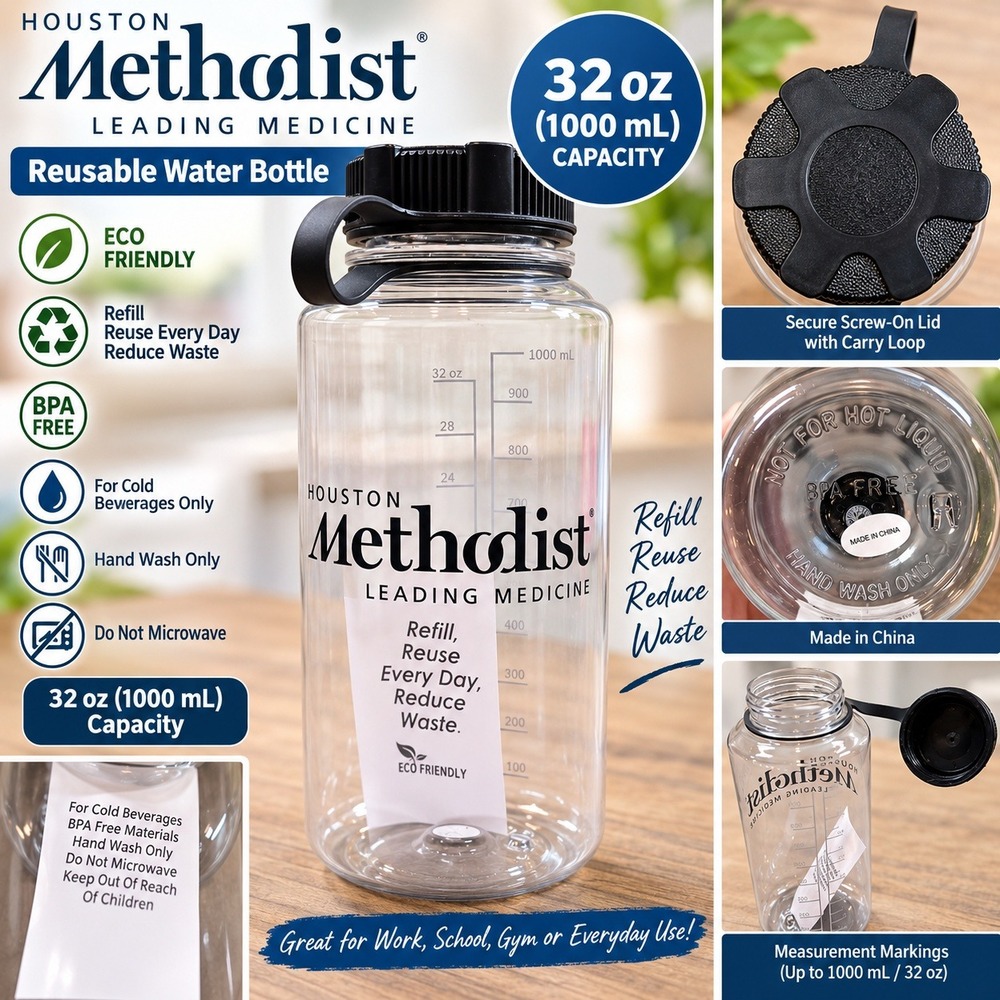 Houston Methodist Reusable Water Bottle 32oz BPA Free Clear Black Lid Carry Loop